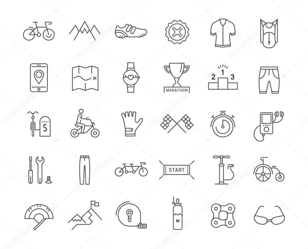 Set vector line icons with open path cycling, bike elements and parts, bicycle sport with elements for mobile concepts and web apps. Collection modern infographic logo and pictogram.