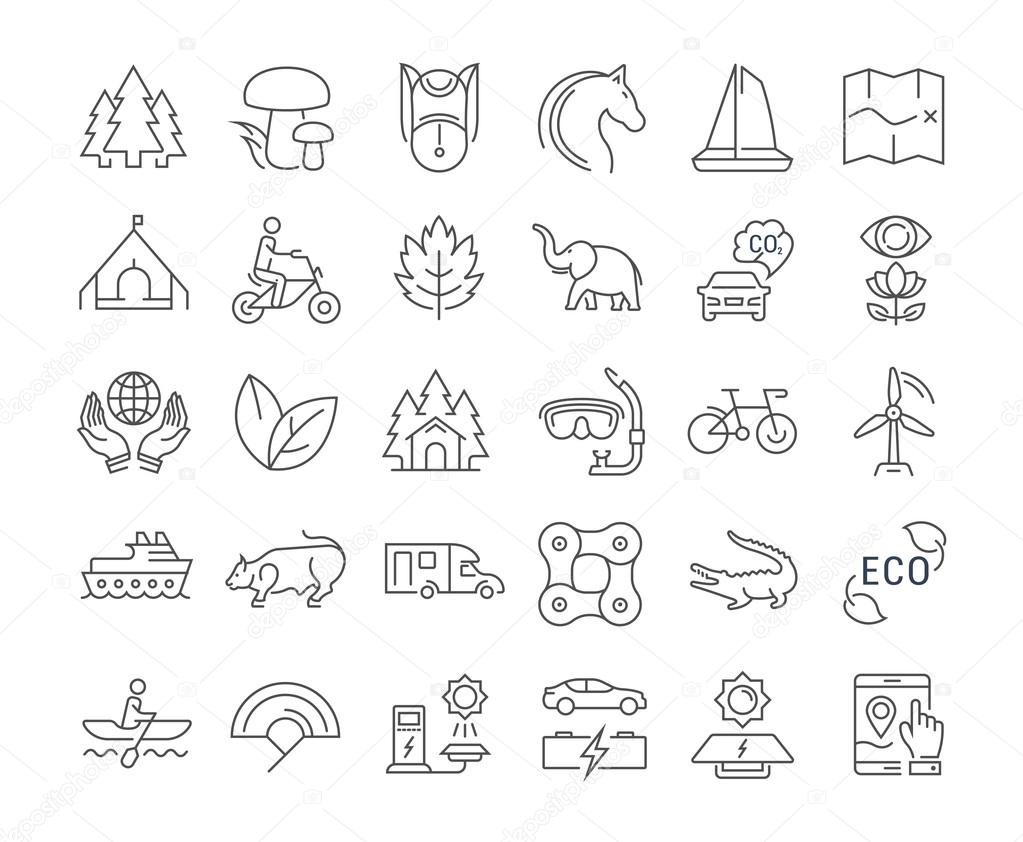 Set vector line icons in flat design eco, ecotourism and recycle with elements for mobile concepts and web apps. Collection modern infographic logo and pictogram.
