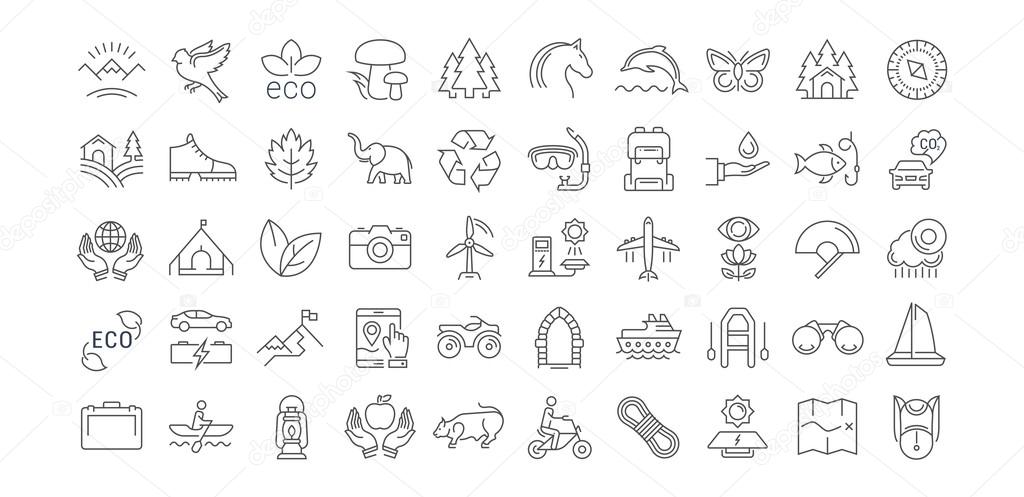 Set vector line icons in flat design eco, ecotourism and recycle with elements for mobile concepts and web apps. Collection modern infographic logo and pictogram.