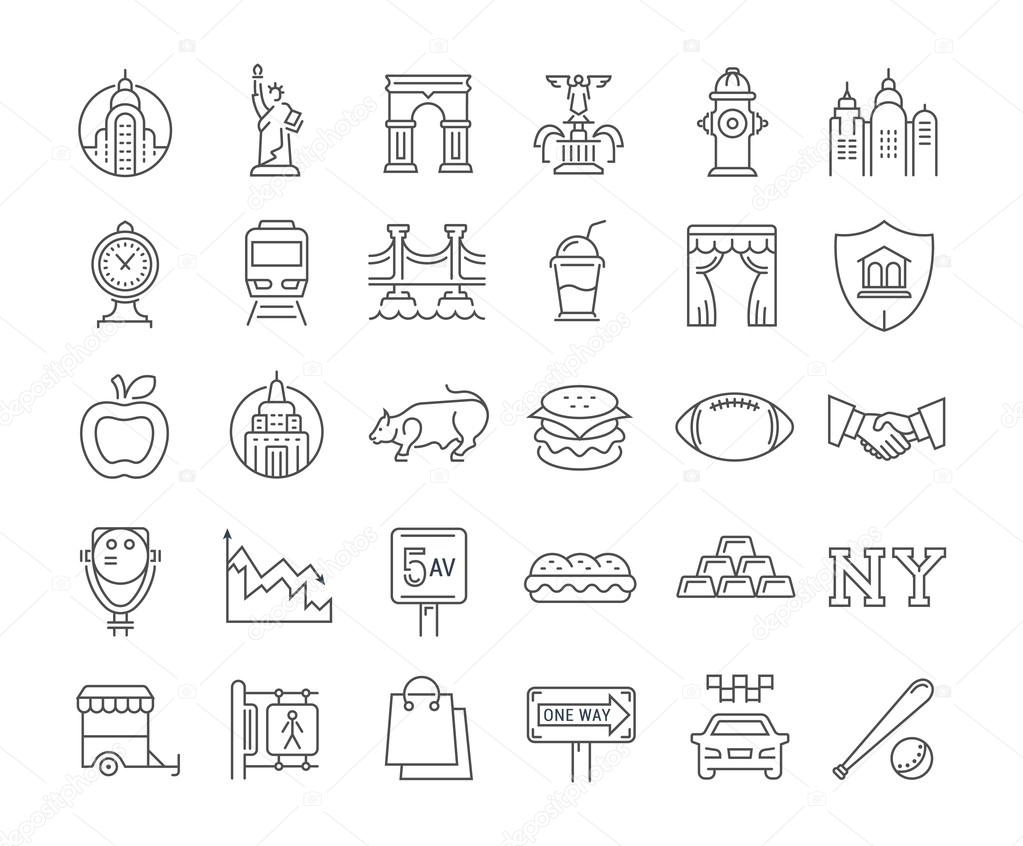Set vector line icons in flat design New York and USA with elements for mobile concepts and web apps. Collection modern infographic logo and pictogram.