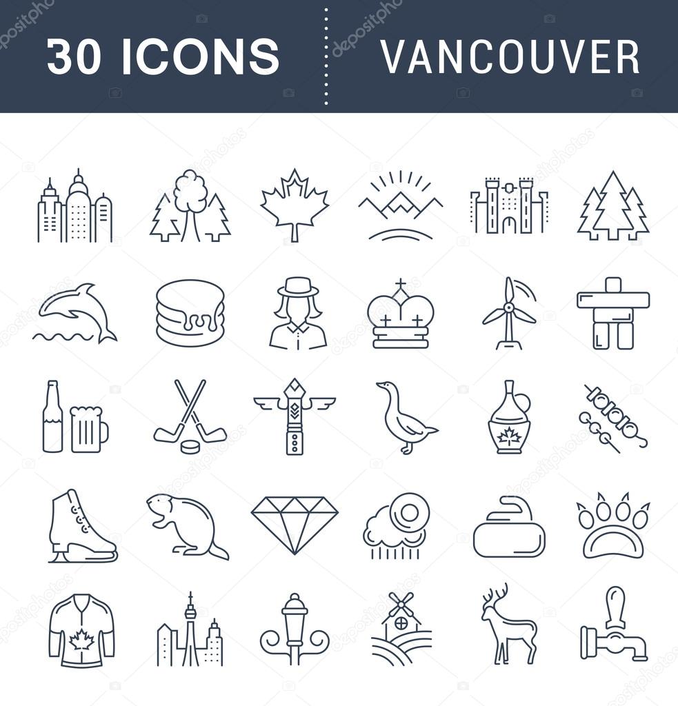 Set vector line icons in flat design Vancouver and Canada with elements for mobile concepts and web apps. Collection modern infographic logo and pictogram.