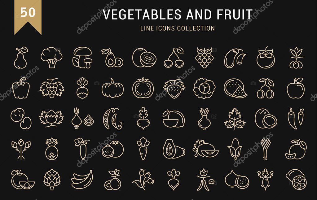 Set vector line icons in flat design Vegetable, Fruit and Healthy food with elements for mobile concepts and web apps. Collection modern infographic logo and pictogram.