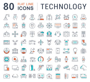 Vektör düz çizgi simgeler teknoloji ayarla