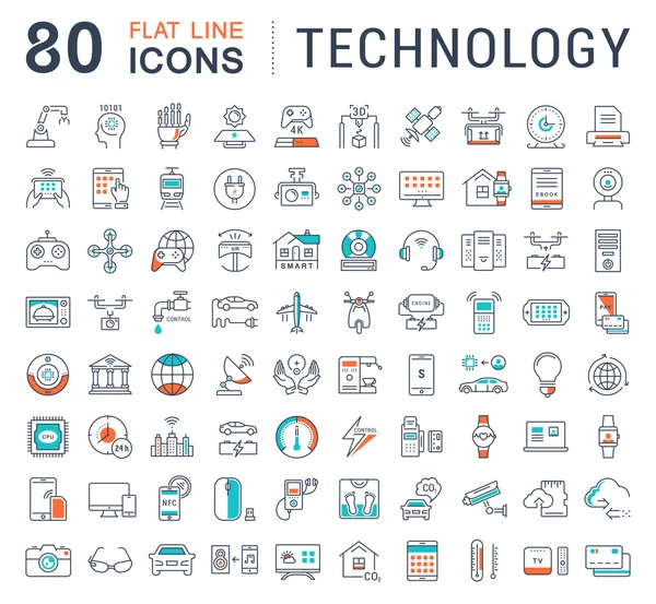 Set Vector Línea Plana Iconos Tecnología — Vector de stock