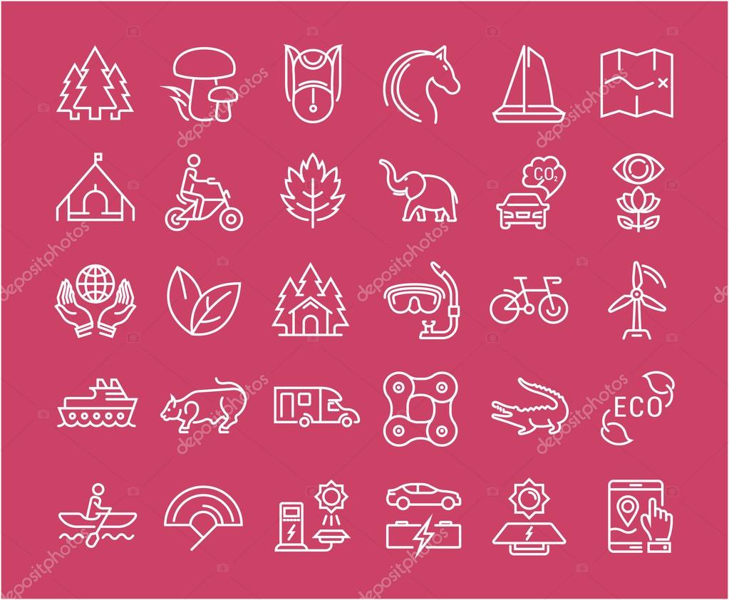 Set vector line icons in flat design eco, ecotourism and recycle with elements for mobile concepts and web apps. Collection modern infographic logo and pictogram.