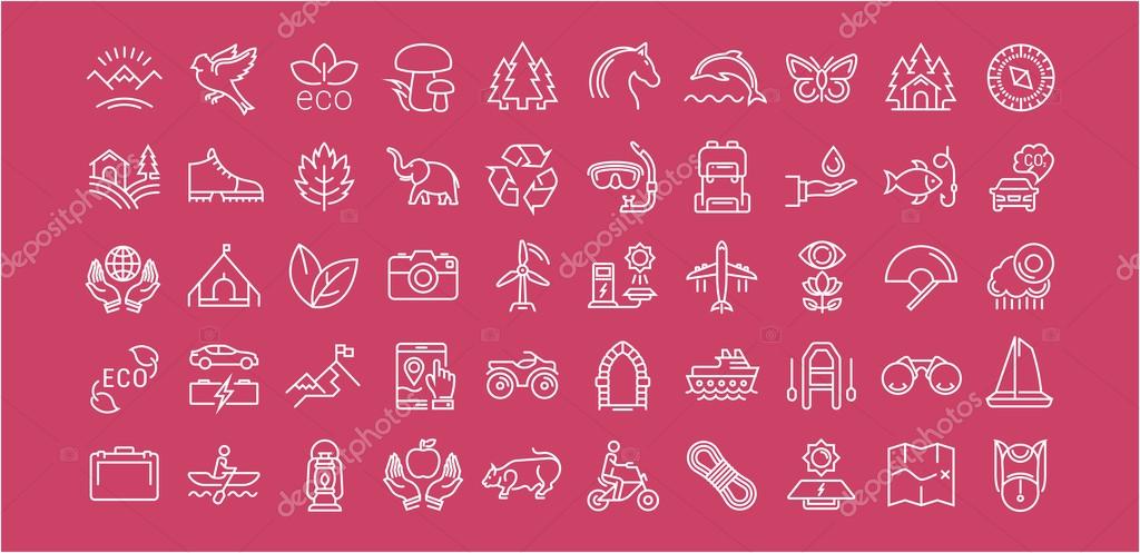 Set vector line icons in flat design eco, ecotourism and recycle with elements for mobile concepts and web apps. Collection modern infographic logo and pictogram.