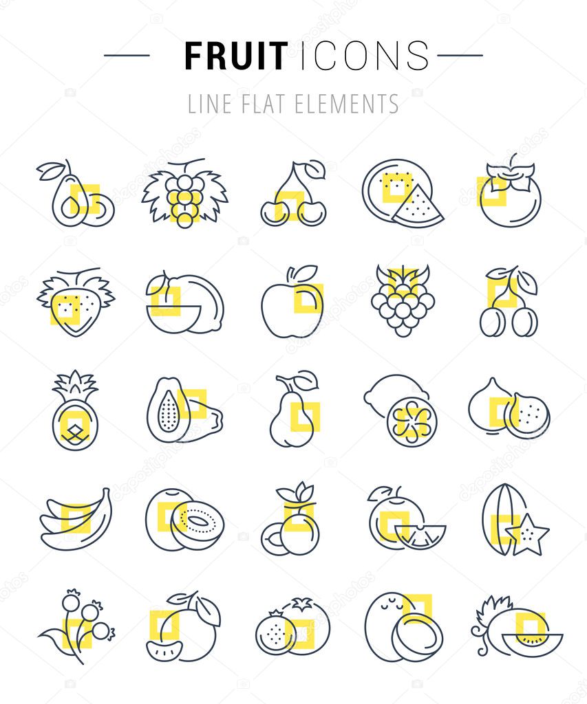 Set vector line icons in flat design Fruit and vegetarian Food with elements for mobile concepts and web apps. Collection modern infographic logo and pictogram.