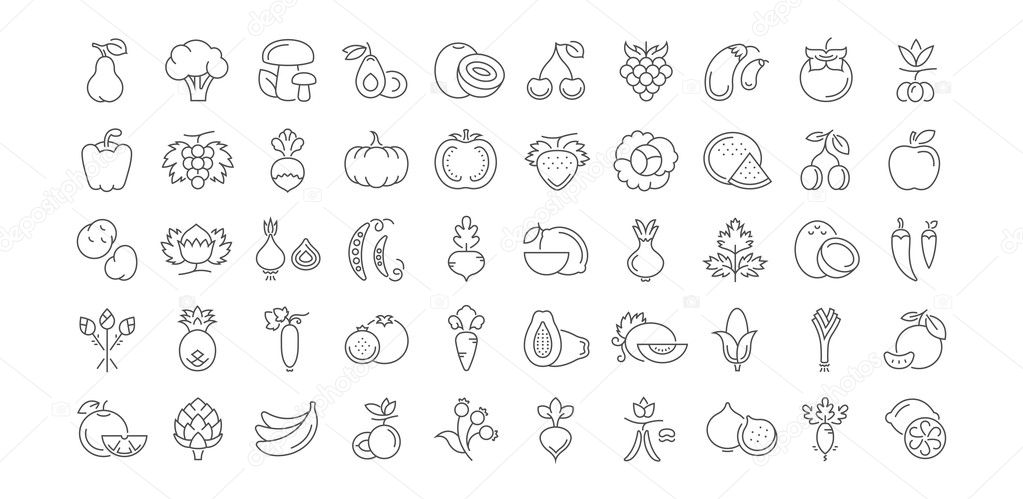 Set vector line icons in flat design Vegetable, Fruit and Healthy food with elements for mobile concepts and web apps. Collection modern infographic logo and pictogram.