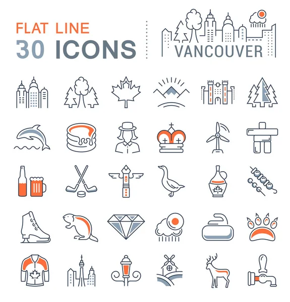 Set Vector Flat Line Iconos Vancouver y Canadá — Vector de stock