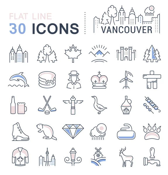 Set Vector Flat Line Iconos Vancouver y Canadá — Archivo Imágenes Vectoriales