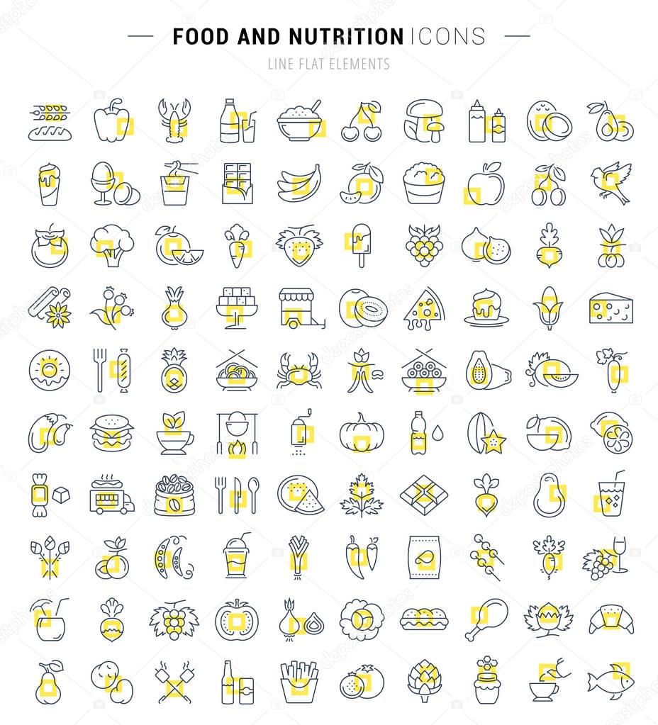 Big set vector line icons meal, seafood, fruit, vegetables and fast food in flat design with elements for mobile concepts and web. Collection modern infographic logo and pictogram.