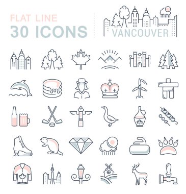 Vektör düz çizgi Icons Set Vancouver ve Kanada
