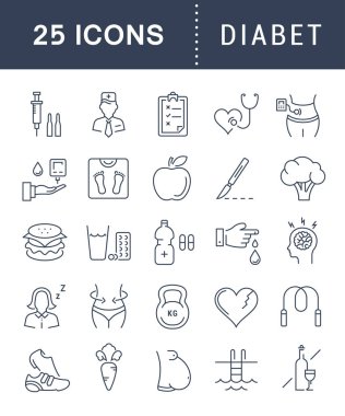 Vektör düz çizgi simgeler Diabet ayarla