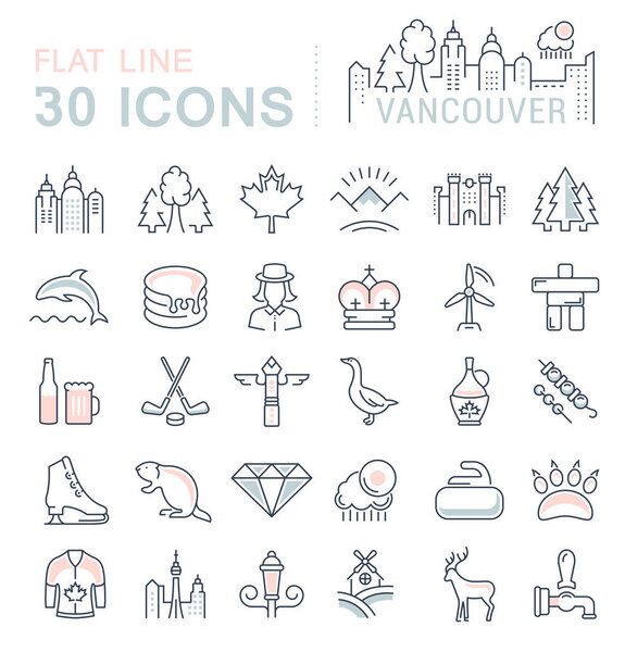 Set Vector Flat Line Icons Ванкувер и Канада
