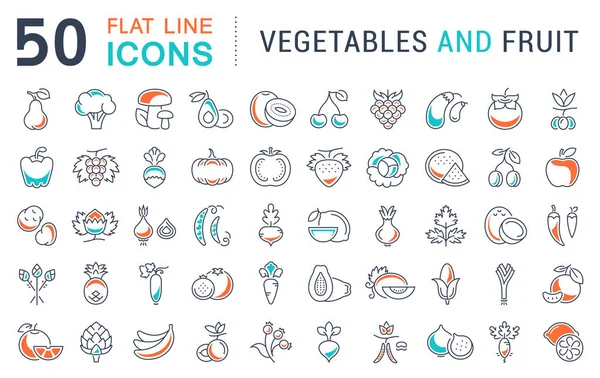 Set Vector Línea Plana Iconos Verduras y Frutas — Vector de stock