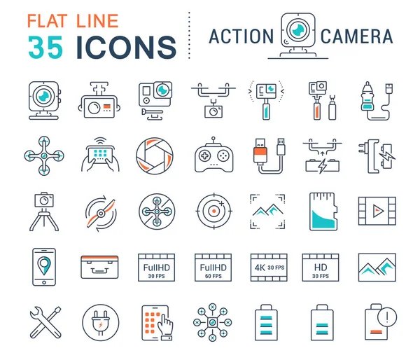 Set Vector Flat Line Icons Action Camera — Stock Vector