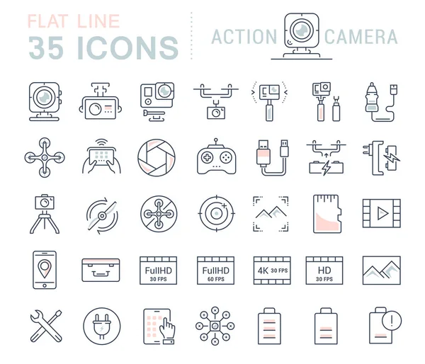 Set Vector Flat Line Iconos de la cámara de acción — Vector de stock