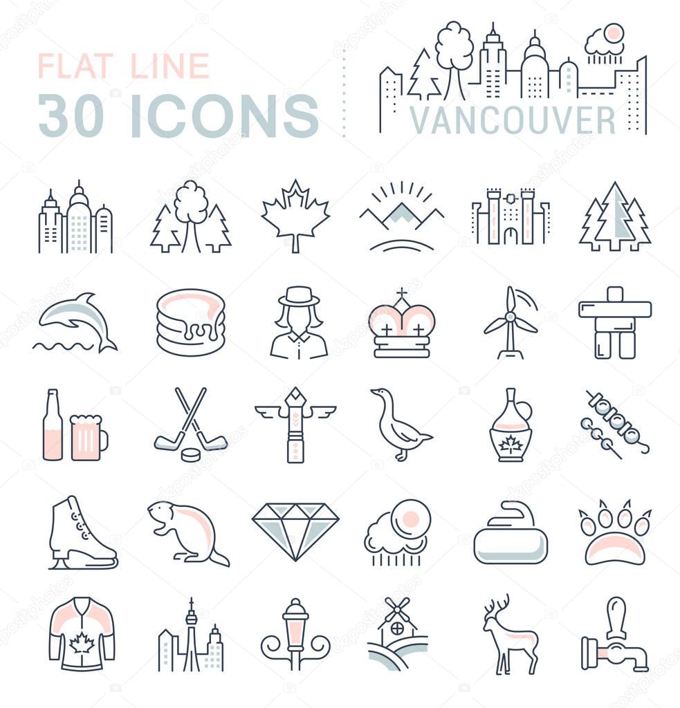 Set vector line icons in flat design Vancouver and Canada with elements for mobile concepts and web apps. Collection modern infographic logo and pictogram.