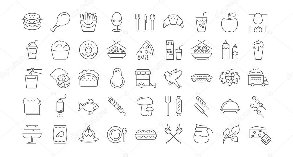 Big set vector line icons meal, seafood, fruit, vegetables and fast food in flat design with elements for mobile concepts and web. Collection modern infographic logo and pictogram.