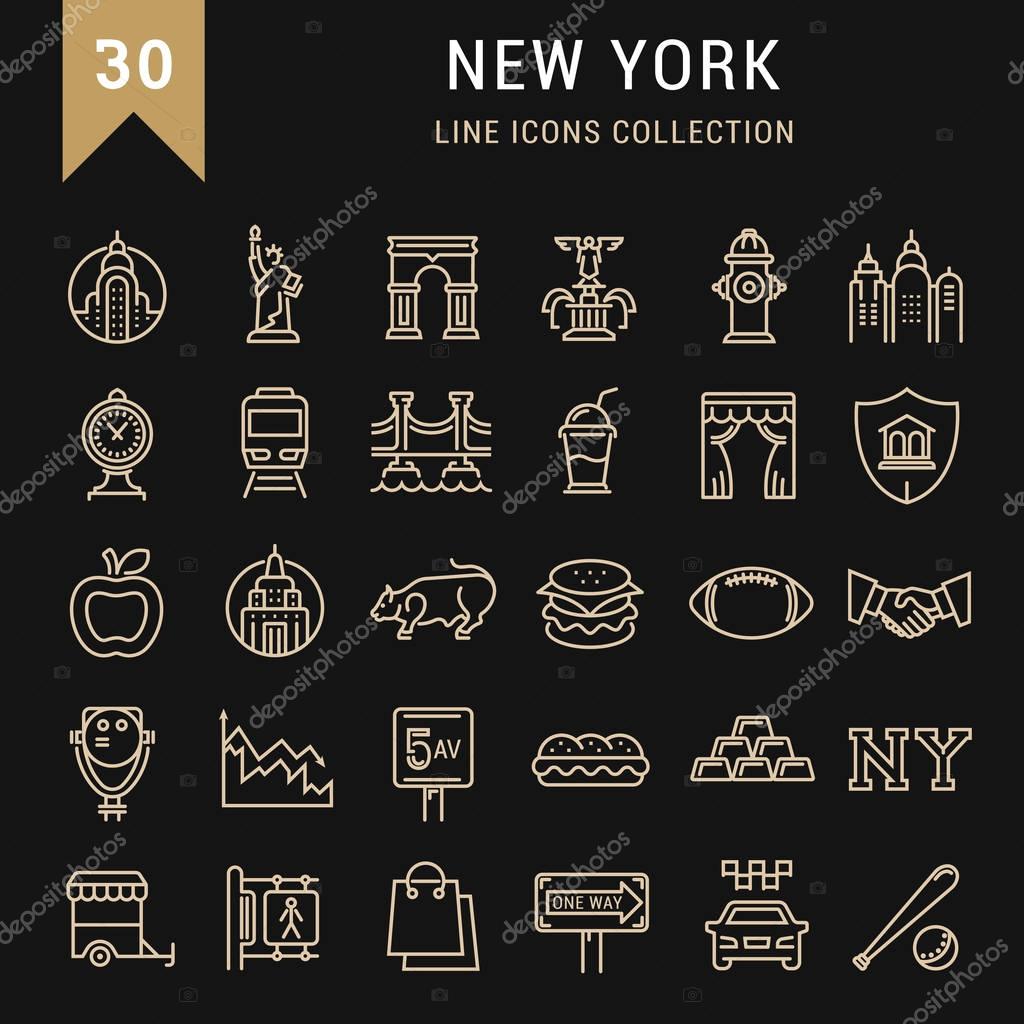 Set vector line icons in flat design New York and USA with elements for mobile concepts and web apps. Collection modern infographic logo and pictogram.