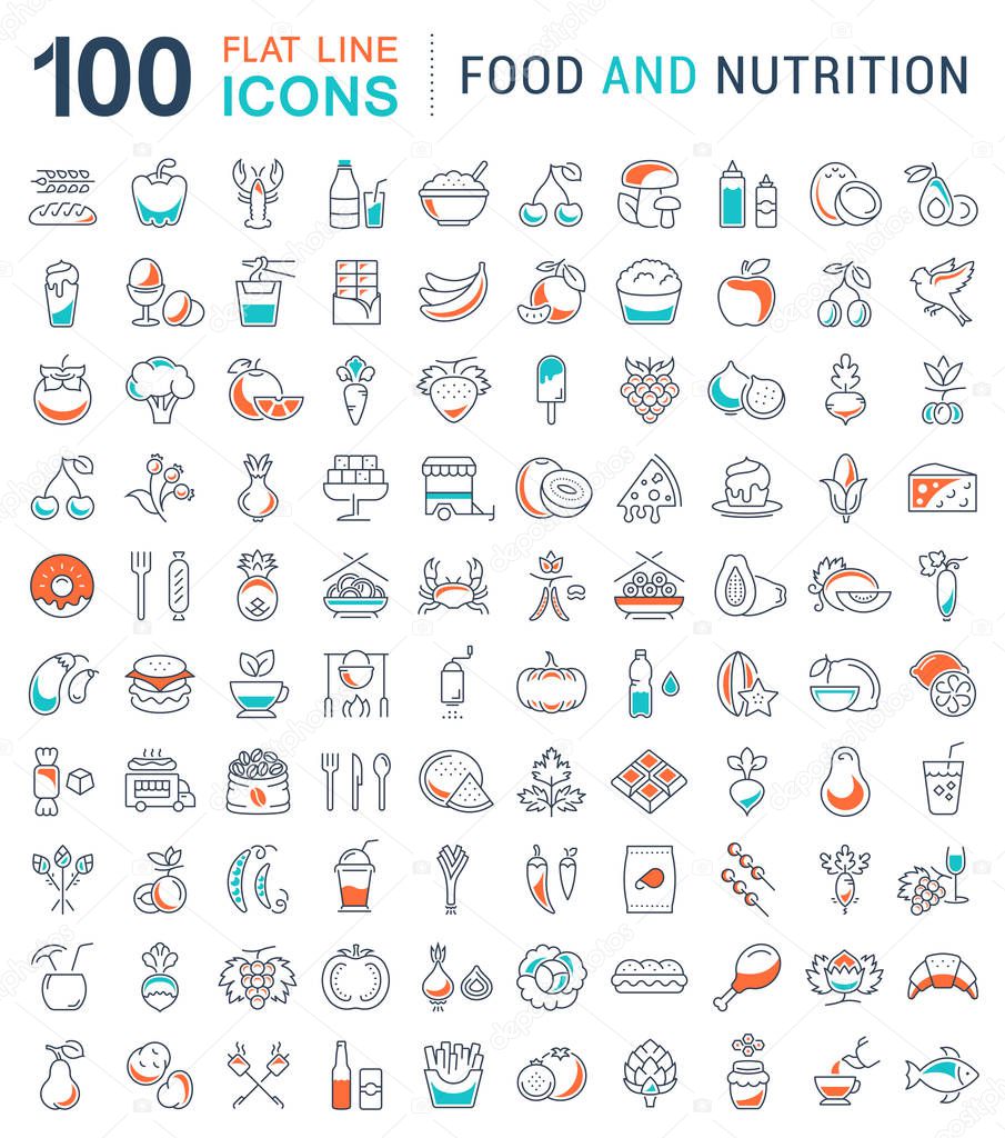 Big set vector line icons meal, seafood, fruit, vegetables and fast food in flat design with elements for mobile concepts and web. Collection modern infographic logo and pictogram.
