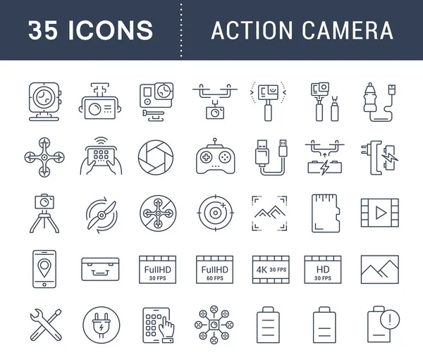 Set Vector Flat Line Iconos de la cámara de acción — Vector de stock