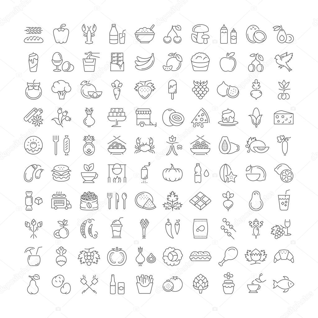 Set vector line icons meal and fast food in flat design with elements for mobile concepts and web. Collection modern infographic logo and pictogram.
