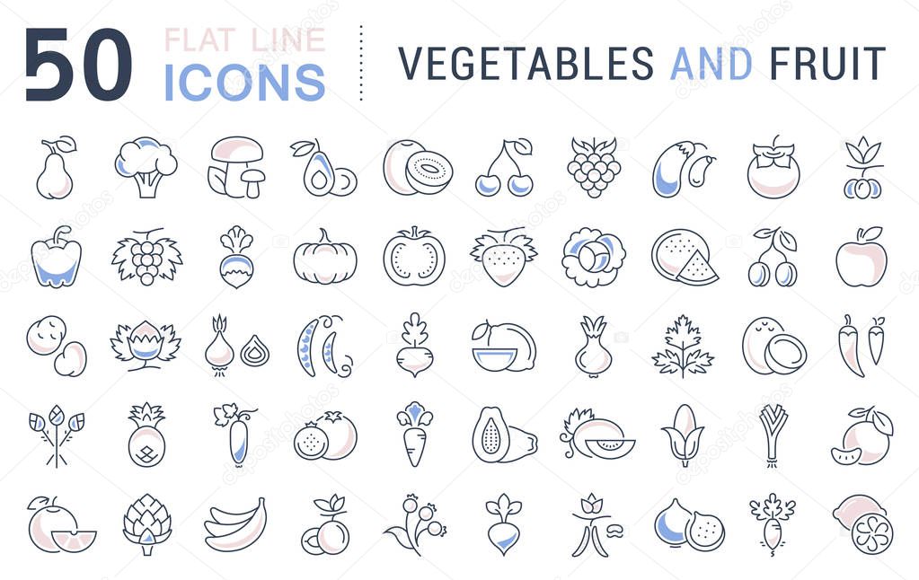 Set vector line icons in flat design Vegetable, Fruit and Healthy food with elements for mobile concepts and web apps. Collection modern infographic logo and pictogram.