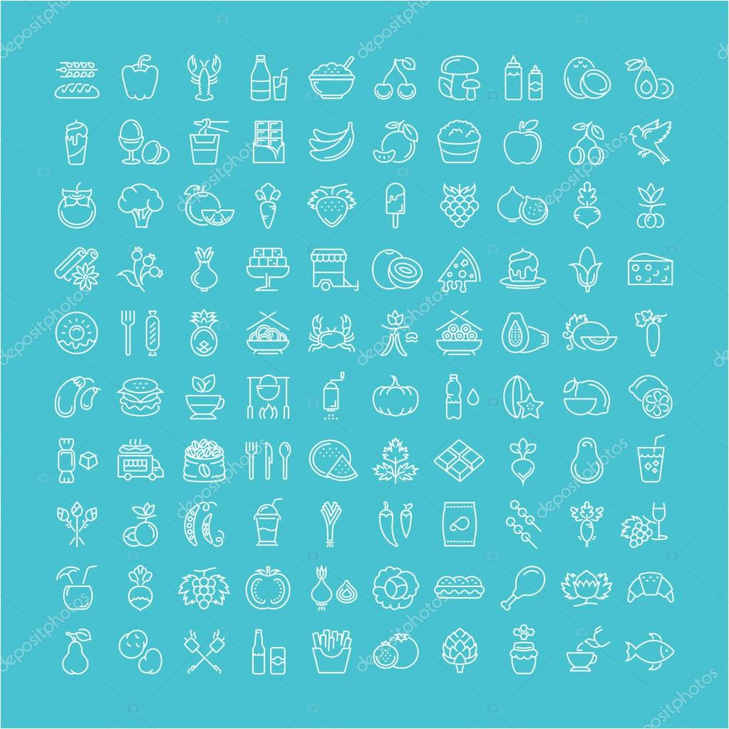 Big set vector line icons meal, seafood, fruit, vegetables and fast food in flat design with elements for mobile concepts and web. Collection modern infographic logo and pictogram.