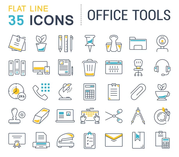 Set Vector Línea Plana Iconos Herramientas de Oficina — Archivo Imágenes Vectoriales