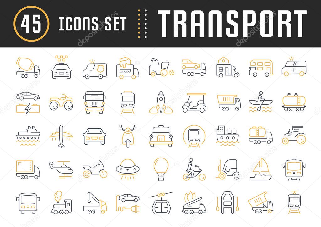 Set vector line icons in flat design transport, mechanics, electronics with elements for mobile concepts and web apps. Collection modern infographic logo and pictogram.