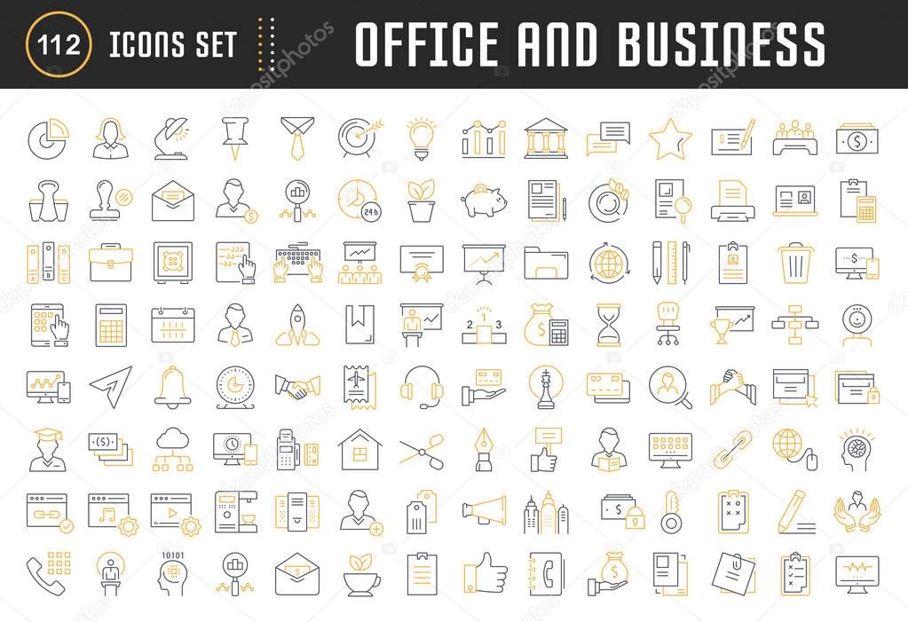 Set vector line icons in flat design office and business with elements for mobile concepts and web apps. Collection modern infographic logo and pictogram.