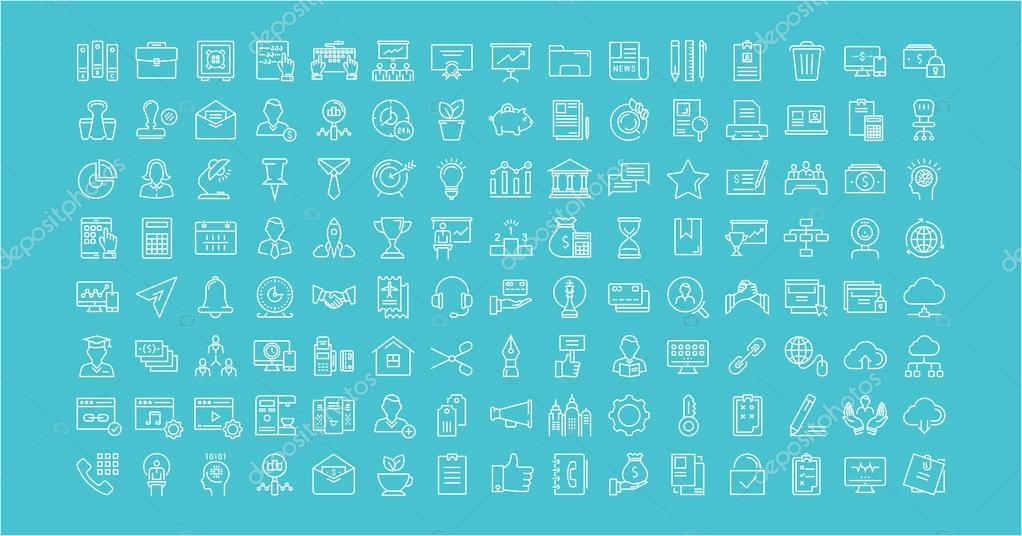 Set vector line icons in flat design office and business with elements for mobile concepts and web apps. Collection modern infographic logo and pictogram.