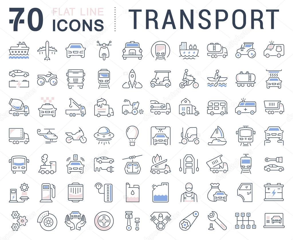 Set vector line icons in flat design transport, mechanics, electronics with elements for mobile concepts and web apps. Collection modern infographic logo and pictogram.