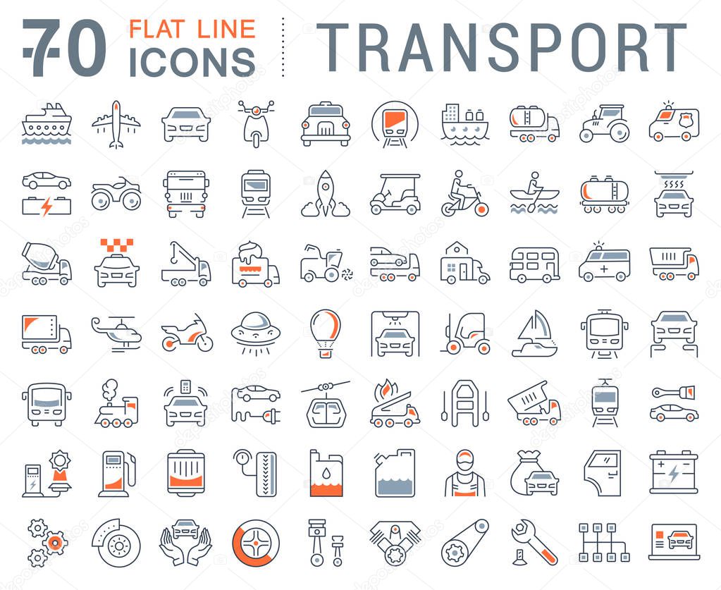 Set vector line icons in flat design transport, mechanics, electronics with elements for mobile concepts and web apps. Collection modern infographic logo and pictogram.