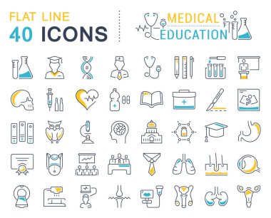 Vektör düz çizgi simgeler tıp eğitimi ayarla 
