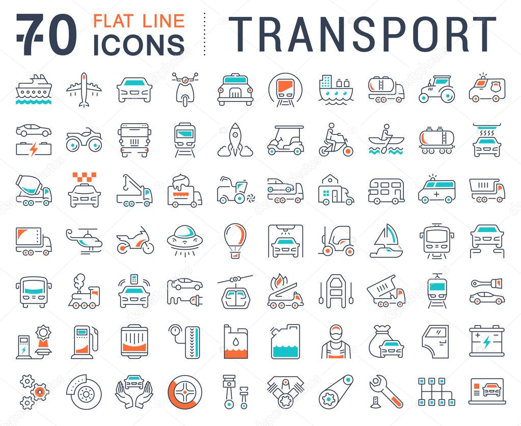 Set vector line icons in flat design transport, mechanics, electronics with elements for mobile concepts and web apps. Collection modern infographic logo and pictogram.