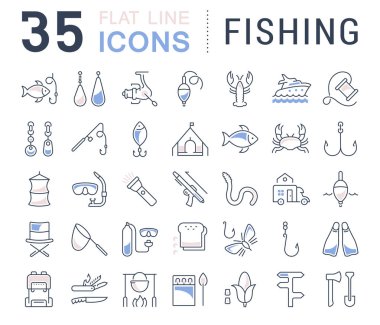 Vektör düz çizgi Icons Set Balık tutma 