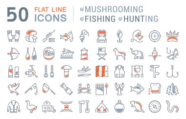 Mantar, balıkçılık ve avcılık vektör düz çizgi Icons set