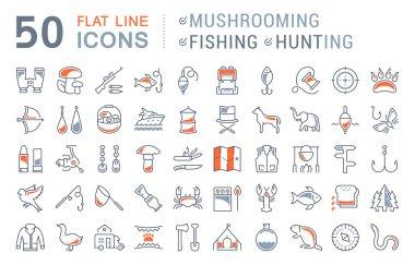 Set Vector Flat Line Icons Mushrooming, Fishing and Hunting clipart