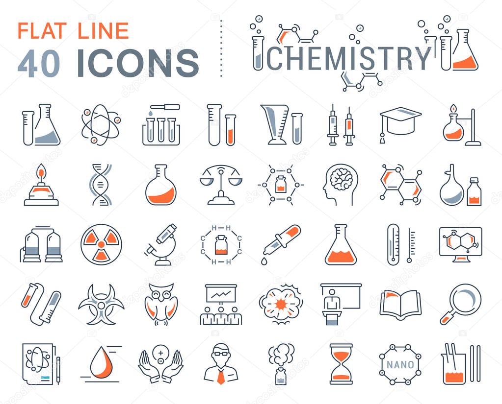 Set vector line icons, sign and symbols in flat design chemistry with elements for mobile concepts and web apps. Collection modern infographic logo and pictogram.