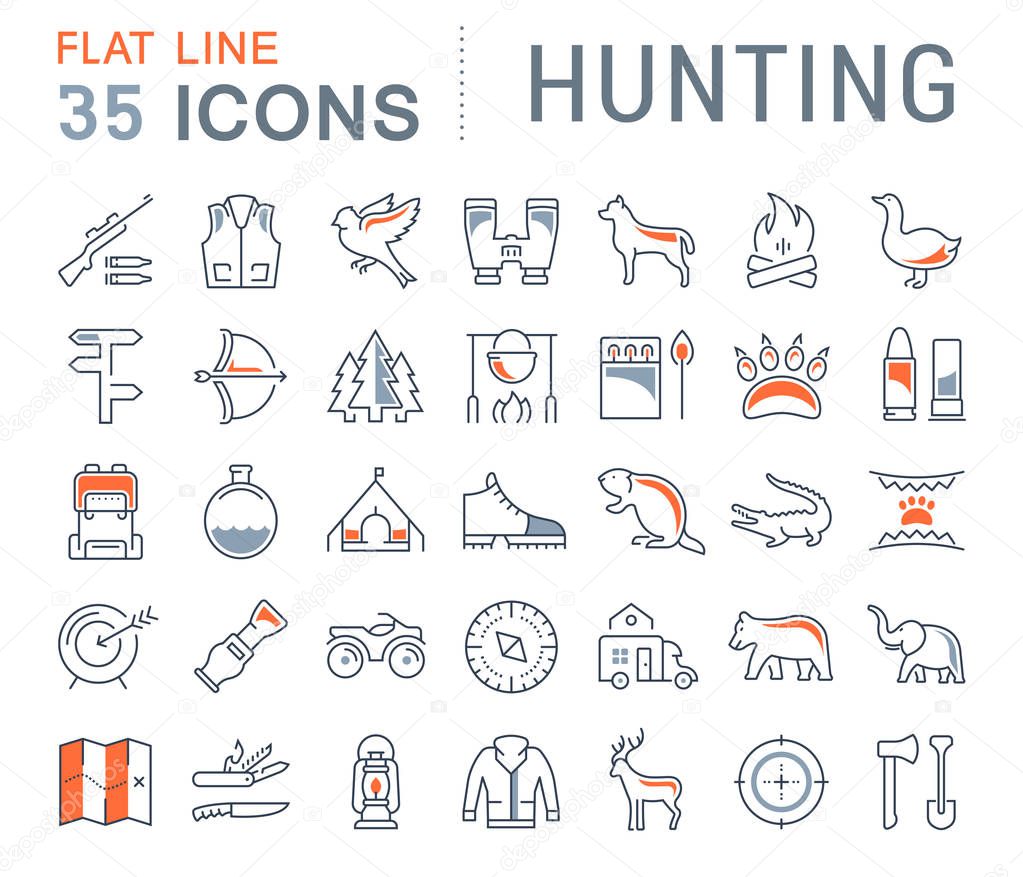 Set vector line icons, sign and symbols in flat design hunting with elements for mobile concepts and web apps. Collection modern infographic logo and pictogram.