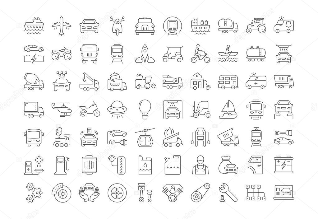 Set vector line icons in flat design transport, mechanics, electronics with elements for mobile concepts and web apps. Collection modern infographic logo and pictogram.