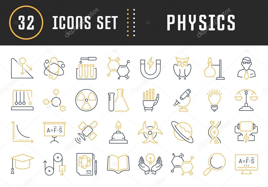 Set vector line icons, sign and symbols in flat design physic with elements for mobile concepts and web apps. Collection modern infographic logo and pictogram.