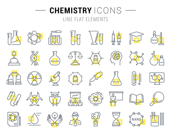 Set Vector Línea Plana Iconos Química — Archivo Imágenes Vectoriales