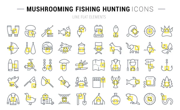 Set Vector Flat Line Icons Mushrooming, Fishing and Hunting - Stok Vektor