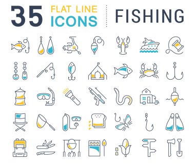 Vektör düz çizgi Icons Set Balık tutma 