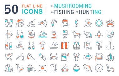 Mantar, balıkçılık ve avcılık vektör düz çizgi Icons set