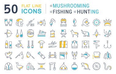 Mantar, balıkçılık ve avcılık vektör düz çizgi Icons set