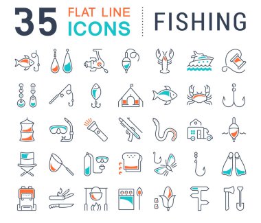 Vektör düz çizgi Icons Set Balık tutma 